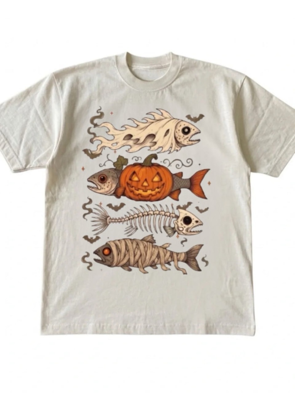 Cream Short Sleeve Tee with Halloween Fish Pumpkin Graphic